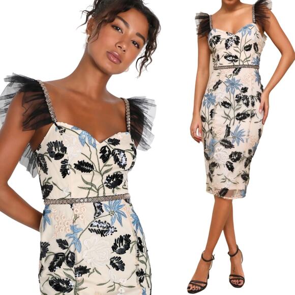 Lulus Show Stopper Midi Dress Floral Embroidered Beaded Bodycon Pencil Cream XS - Picture 2 of 9